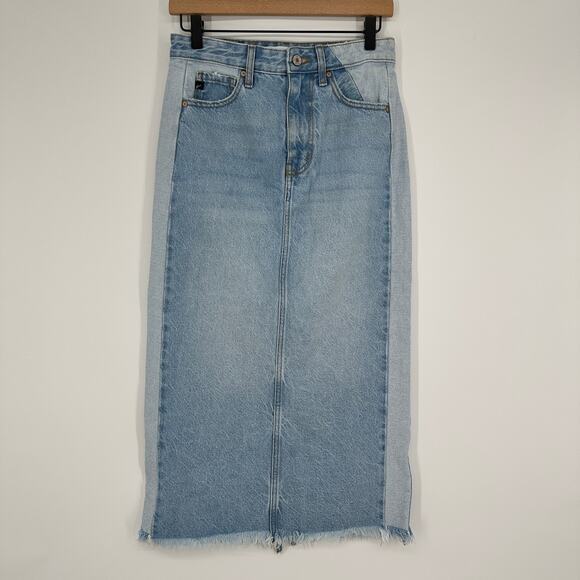 KanCan Midi Denim Light Wash Two Tone Back Slit Raw Hem Pockets Skirt Small - Picture 1 of 8